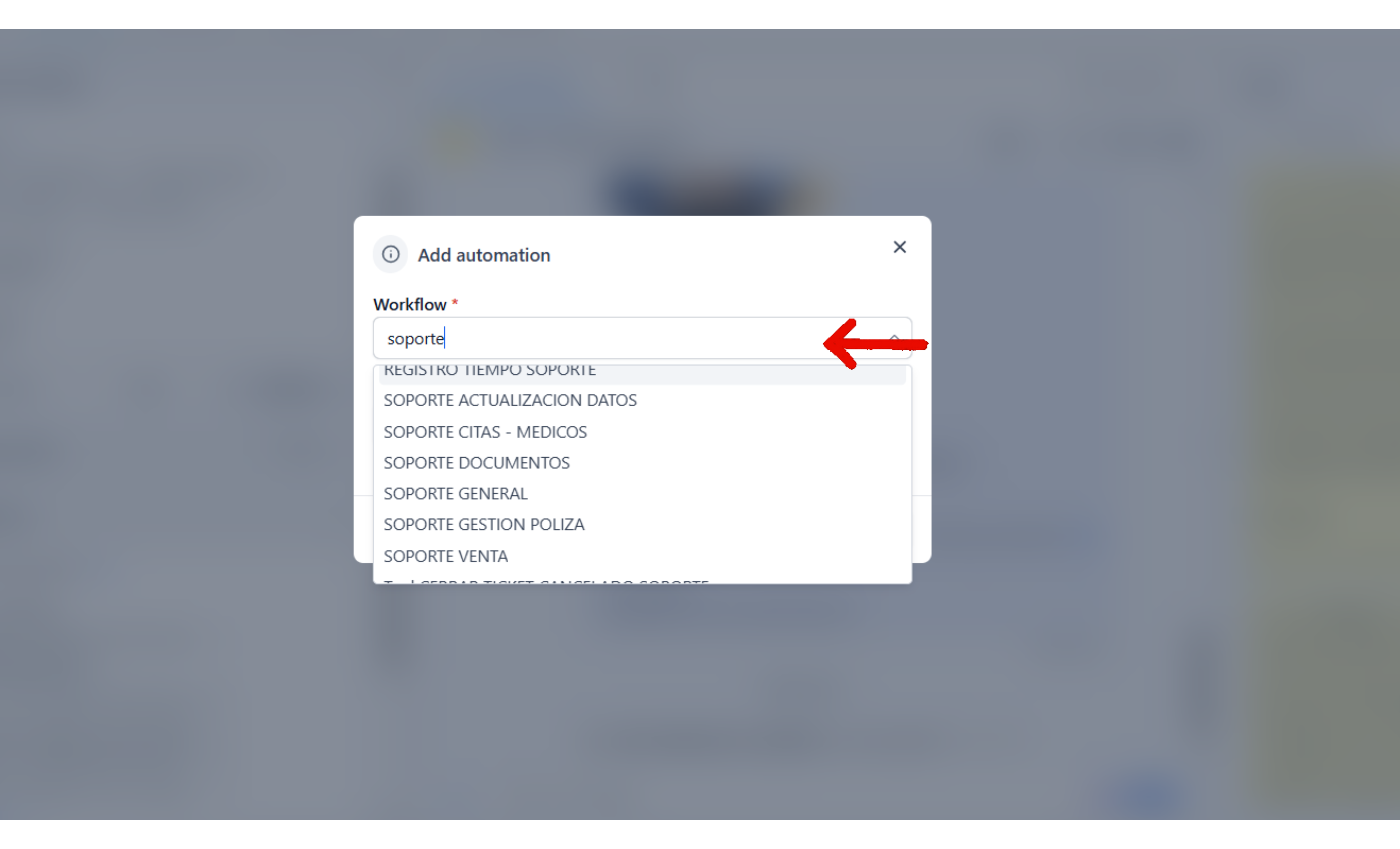 Búsqueda del workflow de soporte